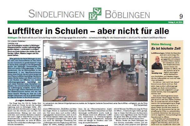 Read more about the article Zum Schulbeginn werden in Böblinger Klassenzimmern mobile Luftreinigungsgeräte stehen